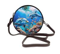 JKLQWC Sac à bandoulière rond en cuir avec motif teckel noir pour femme avec sangle réglable, Beau monde sous-marin dauphins corail, Taille unique