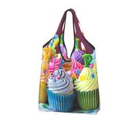 JKLQWC Sac à provisions pliable coloré imprimé Happy Birthday Cupcakes 1 pièce, sac fourre-tout réutilisable pour le shopping quotidien et les voyages
