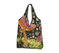 JKLQWC Sac à provisions pliable imprimé champignons, sacs fourre-tout réutilisables pour le shopping quotidien et les voyages, Noir , Taille unique