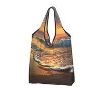 JKLQWC Sac à provisions pliable motif vague de plage et coucher de soleil, sacs fourre-tout réutilisables pour le shopping quotidien et les voyages, Noir , Taille unique