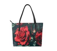 JKLQWC Sac fourre-tout en cuir PU imprimé tête de mort pour femme, sac à main pour le travail, les voyages, l'école, Imprimé rose rouge, Taille unique