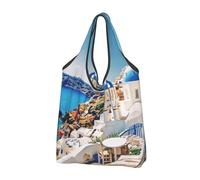 JKLQWC Santorini Lot de 2 sacs de courses pliables et réutilisables Motif île grecque vue sur la mer