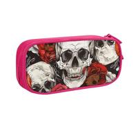 JKLQWC Trousse à crayons d'Halloween imprimée tête de mort mignonne trousse à crayons avec fermeture éclair pour bureau, école, adolescent, fille, garçon, adulte, noir, rose, Taille unique, Cartable