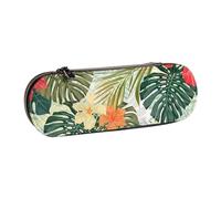 JKLQWC Trousse à crayons en cuir synthétique avec fermeture éclair Motif girafe d'Afrique majestueux Arbre majestueux Pour bureau, école, voyage, Feuilles végétales avec fleurs d'hibiscus, One Size