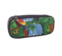 JKLQWC Trousse à crayons en cuir synthétique avec fermeture éclair pour étudiants, adolescents, filles, garçons, adultes - Motif rose rouge, Ara et toucan perché des forêts tropicales américaines, One