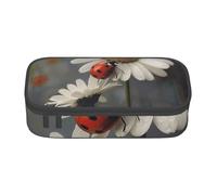 JKLQWC Trousse à crayons imprimée coccinelle et flwers blancs - Grande capacité - Compartiment à fermeture éclair - Pour bureau, école, voyage, Noir , Taille unique, Cartable