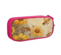 JKLQWC Trousse à crayons rurale avec fermeture éclair - Motif abeilles et fleurs - Pour bureau, école, adolescent, fille, garçon, adulte, noir, rose, Taille unique, Cartable