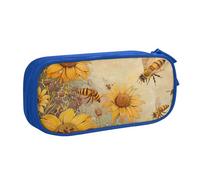 JKLQWC Trousse à crayons rurale avec fermeture éclair - Motif abeilles et fleurs - Pour bureau, école, adolescent, fille, garçon, adulte, noir, bleu, Taille unique, Cartable
