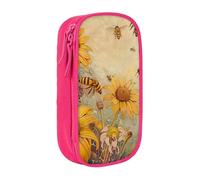 JKLQWC Trousse à crayons rurale avec imprimé fleurs d'abeilles mignonnes - Grande trousse de rangement portable pour bureau, école, adolescent, fille, garçon, adulte, noir, rose, Taille unique,