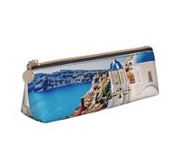 JKLQWC Trousse à crayons triangulaire colorée avec fermeture éclair - Organiseur en cuir léger pour l'école, le bureau, les voyages, le maquillage, Santorini Île grecque vue sur la mer, Taille unique