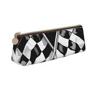 JKLQWC Trousse à crayons triangulaire noire et blanche avec fermeture éclair - Organiseur en cuir léger pour l'école, le bureau, les voyages, le maquillage, Motif drapeau à carreaux noir et blanc