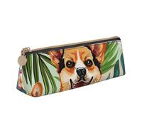 JKLQWC Winter The Dolphin Trousse à crayons triangulaire avec fermeture éclair - Organiseur en cuir léger pour l'école, le bureau, les voyages, le maquillage, Fleur tropicale et corgi, Taille unique