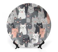 JKLQWH Assiette décorative en porcelaine anglaise de 25,4 cm avec support de présentation - Motif chat gris mignon et amusant - Ornement en céramique fait à la main pour la maison et le bureau