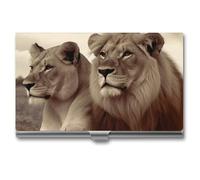 JKLQWH Porte-cartes de visite, organiseur de cartes de visite, avec imprimé lion africain et lionne pour homme ou femme, porte-cartes fin en métal avec blocage RFID, Lion africain et Lionne, Taille