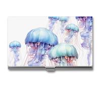 JKLQWH Porte-cartes de visite, organiseur de cartes de visite, avec motif aquarelle 3D méduses imprimées, porte-cartes pour homme ou femme, porte-cartes fin en métal, blocage RFID, Aquarelle Méduse