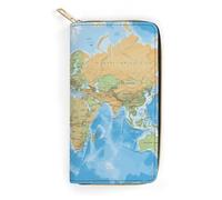 JKLQWH Portefeuille long et fin pour femme avec porte-cartes imprimé carte du monde - Portefeuille minimaliste avec fermeture éclair pour porte-monnaie terne - Carte du monde - 19,7 x 10,5 cm, motif