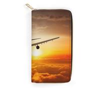 JKLQWH Portefeuille pour femme avec motif avion au coucher du soleil imprimé long et fin avec porte-cartes minimaliste avec fermeture éclair pour porte-monnaie terne, avion au coucher du soleil, 19,7