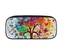 JKLQWH Trousse à crayons en cuir synthétique imperméable grande capacité avec motif d'arbre coloré avec papillons et fermeture éclair pour fournitures de bureau, trousse de maquillage