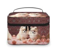 JKLQWH Trousse de maquillage de voyage à motif chiots de Poméranie et pois - Grande capacité - Rangement vertical - En cuir résistant à l'eau - Organiseur de toilette pour soins de la peau et
