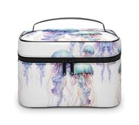 JKLQWH Trousse de maquillage de voyage en cuir résistant à l'eau avec imprimé méduses 3D - Grande capacité - Rangement vertical - Aquarelle, Aquarelle Méduse 3D, 25x18x15cm