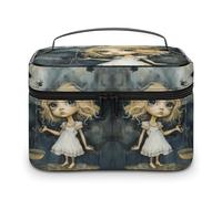 JKLQWH Trousse de maquillage de voyage en cuir résistant à l'eau - Motif fille blonde avec grands yeux - Grande capacité - Rangement vertical - Pour soins de la peau - Blond, Fille blonde aux grands