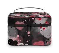 JKLQWH Trousse de maquillage de voyage noire à pois et cœur imprimé de grande capacité pour cosmétiques, rangement vertical, organiseur de produits de toilette en cuir résistant à l'eau, sac de