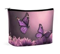 JKLQWH Trousse de maquillage en cuir étanche pour femme - Motif fleurs 3D et papillon violet - Trousse de toilette plate ouverte avec fermeture éclair - Organiseur de maquillage pour accessoires de