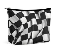 JKLQWH Trousse de maquillage en cuir imperméable pour femme avec drapeaux à carreaux noirs et blancs, trousse de toilette plate ouverte avec fermeture éclair, étui de rangement de maquillage pour