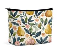 JKLQWH Trousse de maquillage en cuir imperméable pour femme avec figues et poires, trousse de toilette ouverte plate avec fermeture éclair, étui de rangement de maquillage pour accessoires de voyage