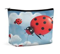 JKLQWH Trousse de maquillage en cuir imperméable pour femme avec motif coccinelle et nuage, trousse de toilette plate ouverte avec fermeture éclair, étui de rangement pour accessoires de voyage