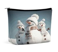 JKLQWH Trousse de maquillage en cuir imperméable pour femme - Bonhomme de neige joyeux - Trousse de toilette plate ouverte avec fermeture éclair - Étui de rangement pour accessoires de voyage