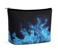 JKLQWH Trousse de maquillage en cuir imperméable pour femme - Flamme bleue - Trousse de toilette plate ouverte avec fermeture éclair - Étui de rangement pour accessoires de voyage