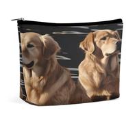 JKLQWH Trousse de maquillage en cuir imperméable pour femme Golden Retrievers - Trousse de toilette ouverte et plate - Pochette portable avec fermeture éclair - Étui de rangement pour accessoires de
