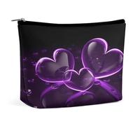 JKLQWH Trousse de maquillage en cuir imperméable pour femme - Motif cœurs violets - Trousse de toilette plate ouverte avec fermeture éclair - Étui de rangement pour accessoires de voyage - Cœurs