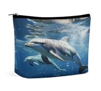 JKLQWH Trousse de maquillage en cuir imperméable pour femme - Motif dauphins mignons - Trousse de toilette ouverte et plate - Pochette portable avec fermeture éclair - Organiseur de maquillage pour