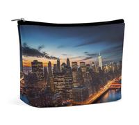 JKLQWH Trousse de maquillage en cuir imperméable pour femme - Motif paysage de New York - Trousse de toilette plate ouverte avec fermeture éclair - Organiseur de maquillage pour accessoires de voyage