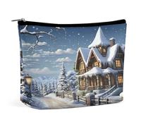 JKLQWH Trousse de maquillage en cuir imperméable pour femme - Pour Noël, hiver, scène heureuse - Trousse de toilette plate ouverte - Pochette portable avec fermeture éclair - Organiseur de maquillage