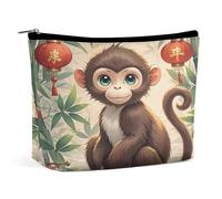 JKLQWH Trousse de maquillage en cuir imperméable pour femme - Style chinois - Singe ouvert - Pochette portable avec fermeture éclair - Organiseur de maquillage pour accessoires de voyage - Singe de