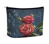 JKLQWH Trousse de maquillage en cuir imperméable pour femme - Style shabby chic - Roses ouvertes - Trousse de toilette plate avec fermeture éclair - Organiseur de maquillage pour accessoires de voyage