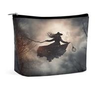 JKLQWH Trousse de maquillage en cuir imperméable pour femme - Trousse de toilette ouverte plate avec fermeture éclair - Étui de rangement pour accessoires de voyage, vol de sorcière, 17,2 x 5,8 x 15,9