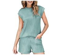 jklymm Ensemble de détente confortable pour femme comprenant un haut à manches courtes et un short à cordon de serrage. Ensemble de vêtements de détente deux pièces pour femme comprenant un