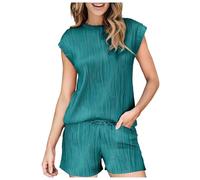jklymm Ensemble de détente confortable pour femme comprenant un haut à manches courtes et un short à cordon de serrage. Ensemble de vêtements de détente deux pièces pour femme comprenant un