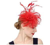 JKQBUX Bibi pour femme avec plumes et fleur - Broche - Double usage - Pour cocktail, thé, mariage, Rouge, 1 count (Pack of 1)