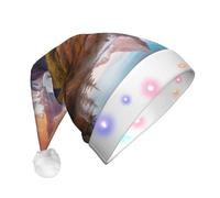 JKSEEPYN Chapeau de Noël en peluche imprimé montagne pittoresque pour adulte avec éclairage LED pour Noël, Nouvel An