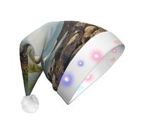 JKSEEPYN Chapeau de Père Noël en peluche avec imprimé palmier et rivage rocheux avec LED pour Noël, Nouvel An