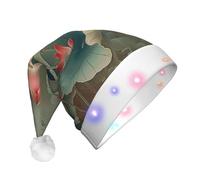 JKSEEPYN Chapeau de Père Noël en peluche imprimé fleur de lotus et libellule pour adulte avec éclairage LED pour Noël, Nouvel An