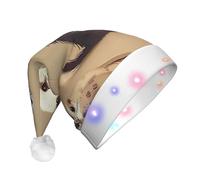 JKSEEPYN Chapeau de Père Noël mignon en peluche imprimé furet poilu pour adulte avec éclairage LED pour Noël, Nouvel An