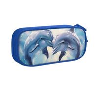 JKSEEPYN Dolphins in Love - 1 trousse à crayons imprimée noire pour maquillage, pochette zippée double couche avec emplacements pour stylos et poches pour le bureau, les voyages ou l'école, bleu,