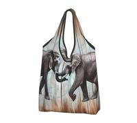 JKSEEPYN Ink Mountain Tree Sacs de courses pliables réutilisables lavables à l'épaule Sac fourre-tout pour usage quotidien, Impression éléphant sur bois, Taille unique