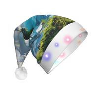 JKSEEPYN Mountain Lake View Sunny Day Nature Chapeau de Noël en peluche pour adulte avec éclairage LED pour fête de Noël Nouvel An